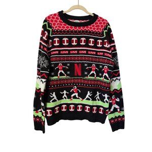 Netflix Football-Themed Ugly Christmas Sweater XL Black Red Jersey